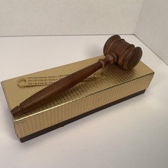 Vintage Solid Wooden Gavel Long Hand Turned Medium Brown Wood w brass ribbon