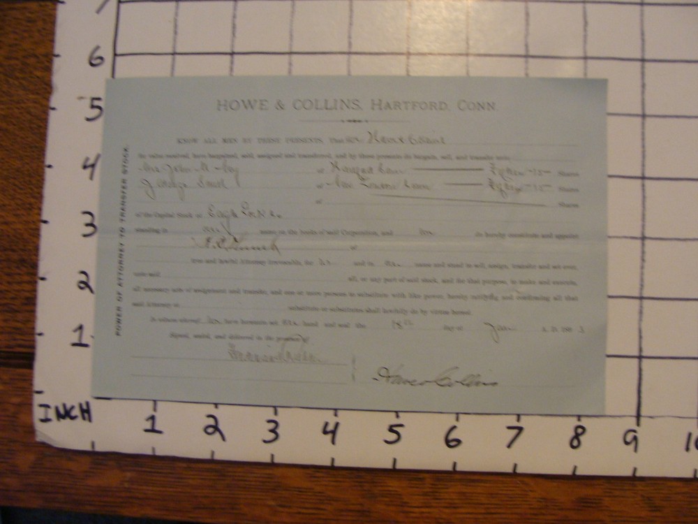Vintage Early Paper: HOWE & COLLINS 1893 Power of Attorny to transfer stock