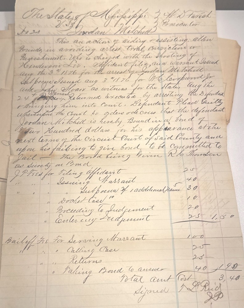 1876 Mississippi Original Case Document Aiding a Fugitive After Officer Shooting