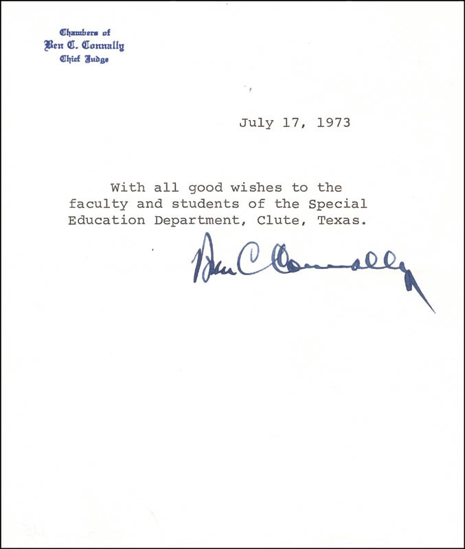 BEN C. CONNALLY – TYPED NOTE SIGNED 07/17/1973