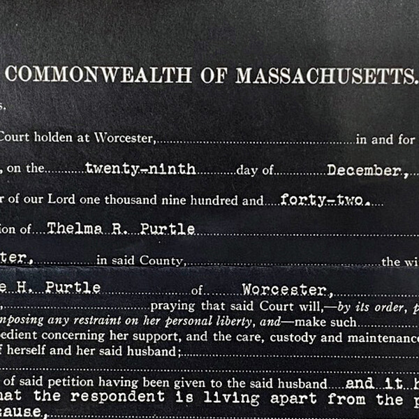 Vintage 1942 Custody Probate Court Worcester Commonwealth Massachusetts Purtle
