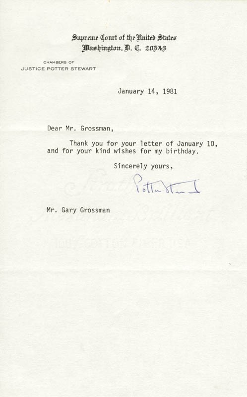 POTTER STEWART – TYPED NOTE SIGNED 01/14/1981