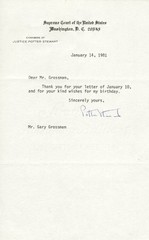 POTTER STEWART – TYPED NOTE SIGNED 01/14/1981