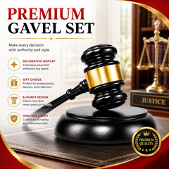 Elegant Black Gold Gavel Set, Wooden Judge Hammer with Base for Law Office Decor