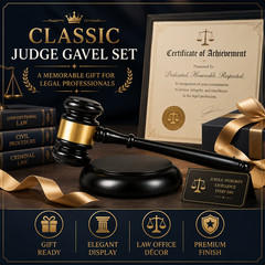 Judge Gavel and Base Set Black Gold Legal Theme Office Desk Decor Gifts Displays