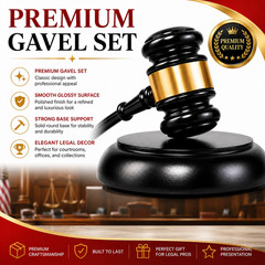 Premium Black Gold Judge Gavel Set with Sound Block for Courtroom Auction Office