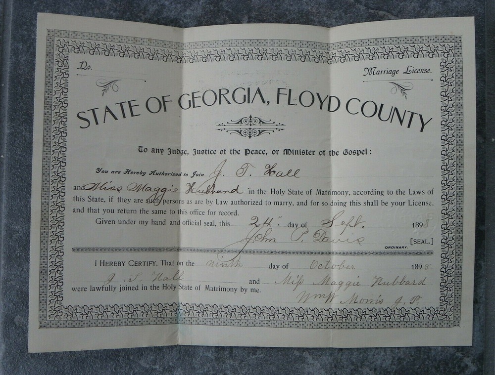 1898 Marriage License-J T Hall & Maggie Hubbard-Floyd County Georgia