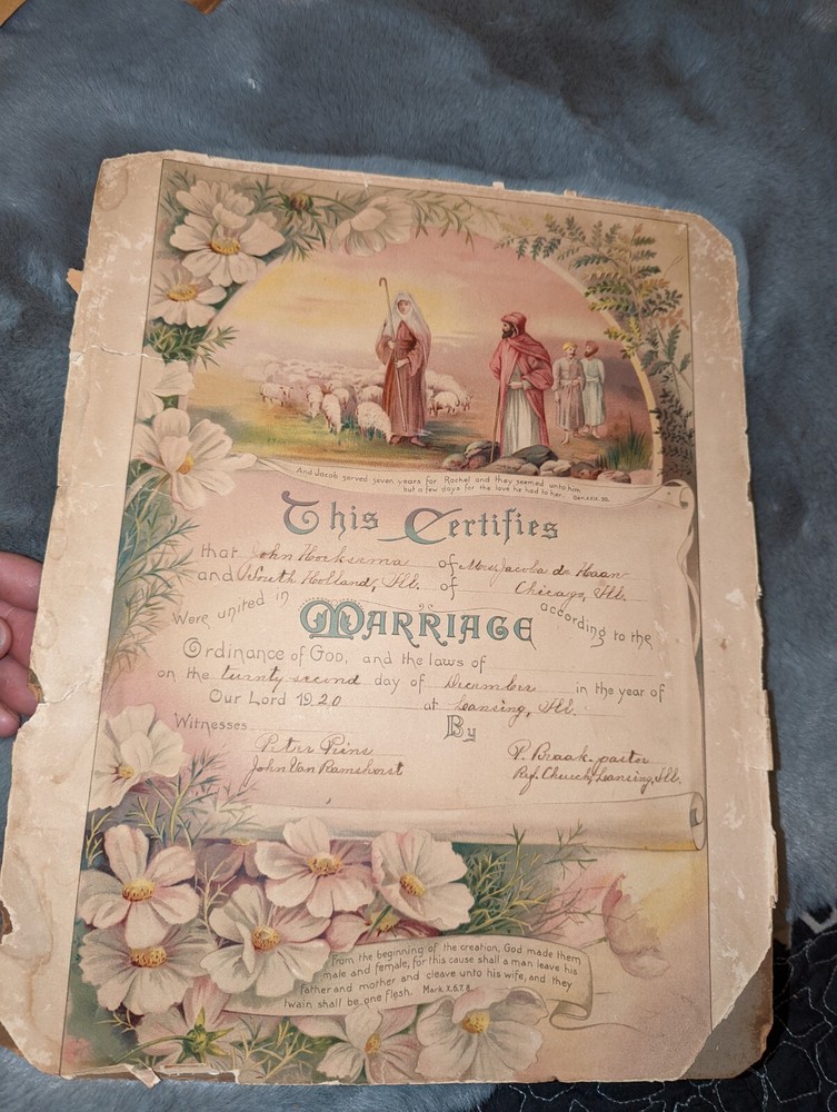 Antique Family Collectable Photograph & 1920 Illinois Marriage Certificate