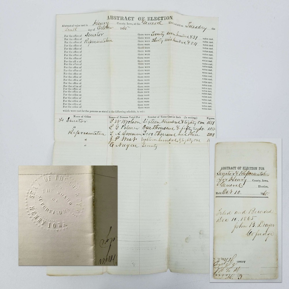 1865 State of Iowa Henry County Notorized Senator Abstract of Election HDCS6505