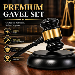 Premium Black Gold Judge Gavel Set with Sound Block for Courtroom Auction Office