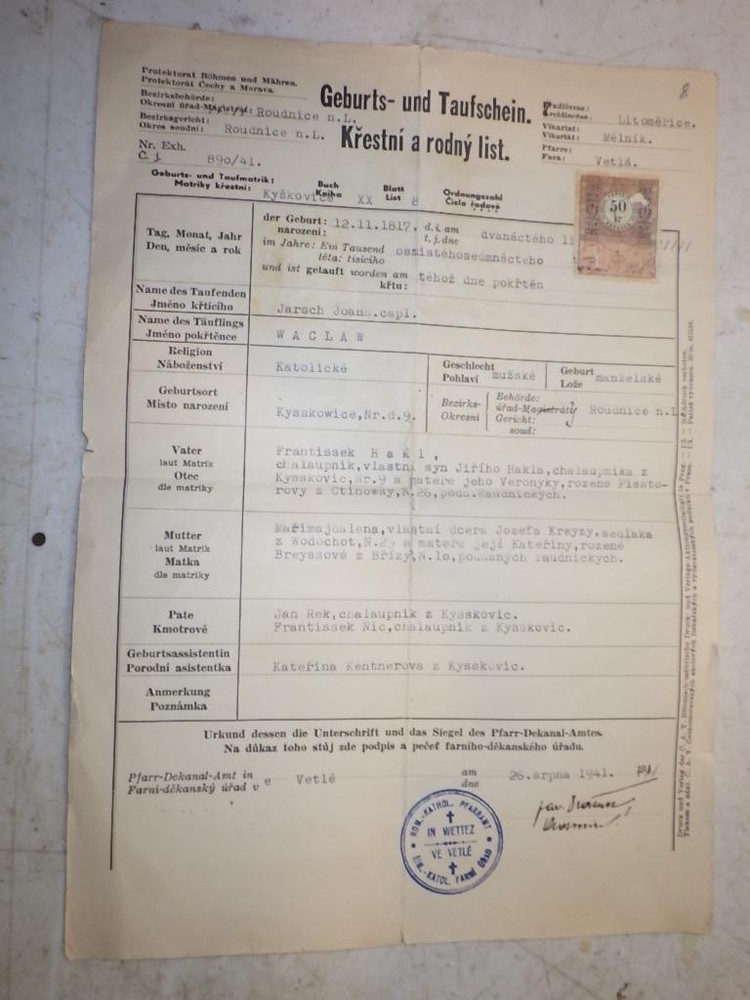 1941 Birth Baptism Document Geburts-und Tauf-Schein Taufschein Krestni German