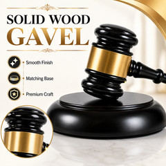 Black Wooden Judge Gavel Set with Round Base Gold Band Auction Meeting Decor New