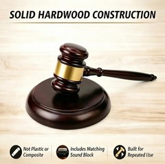 Solid Hardwood Gavel with Block 9.7 Inch Standard Size for Meetings and Trials