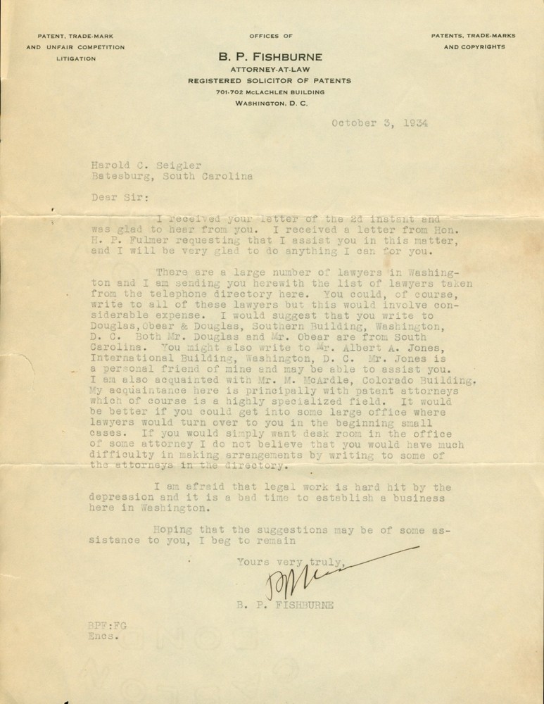 Great Depression BP Fishburne Attorney Washington DC Batesburg SC 1930s Letter