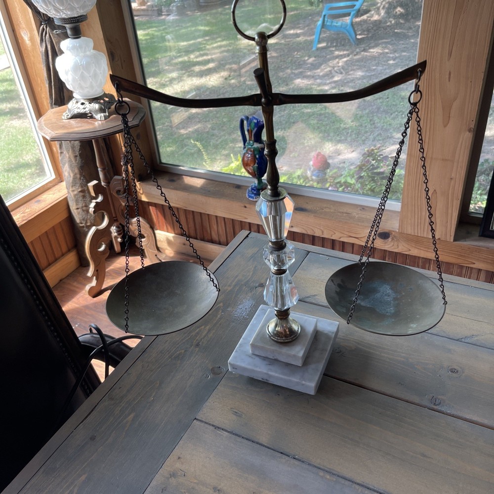 Vintage 20″ Brass & Marble Scales of Justice Mid Century Balance Scale