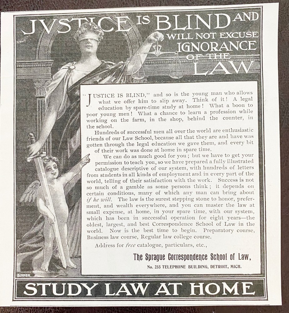 1898 SPRAGUE CORRESPONDENCE SCHOOL OF LAW Vtg Study@Home Print Ad~Blind Justice