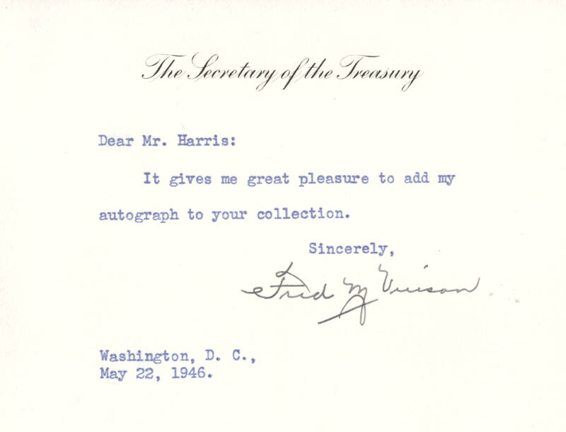 FRED M. VINSON – TYPED NOTE SIGNED 05/22/1946