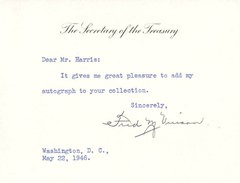 FRED M. VINSON – TYPED NOTE SIGNED 05/22/1946