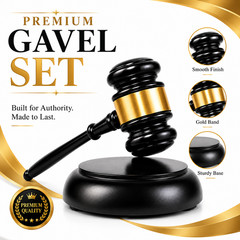Wooden Auction Gavel Set with Sound Block Base Black Gold Ceremony Office Decor