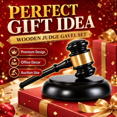 Wooden Judge Gavel Set Black Gold Band Round Base Office Auction Decor Gift New